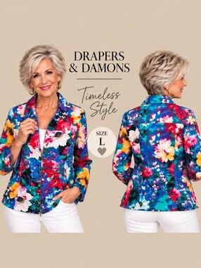 Draper's & Damon's Large Floral Print Zip Jacket Cotton Stretch Multicolor